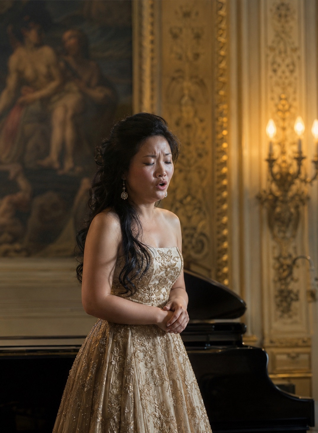 Alice performing in recital — in a gold embroidered gown beside a grand piano in a gilded salon